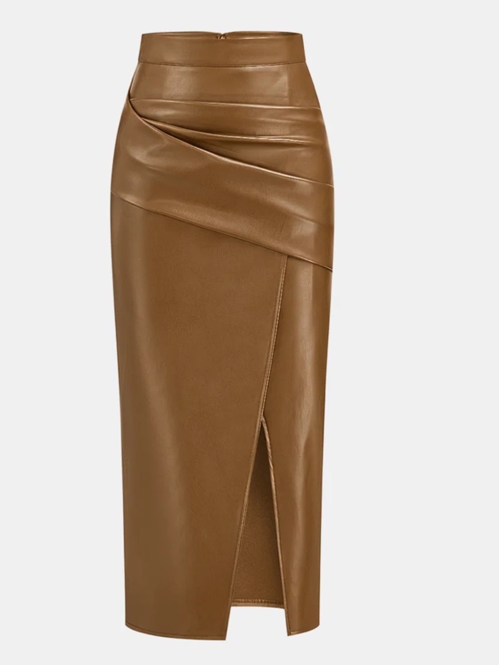 Commense Brown Faux Leather Midi Skirt with Front Slit